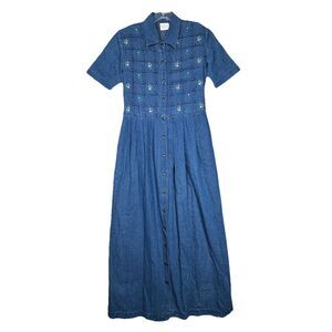 Bentley Dress Womens 8 Blue Denim Shirt Dress Floral Embroidery Casual Versatile